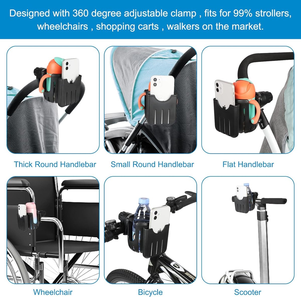 Stroller cup holder - Bicycle cup holder - Universal cup holder - 2-in-1 cup holder and phone holder - V1188-MS101-01008-1