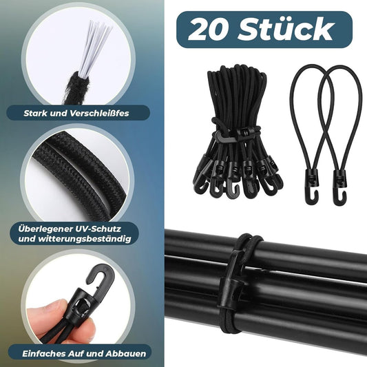 Elastic ropes with hooks - 20 pieces, 10 cm each - Multifunctional tarpaulin tensioner - Rubber tensioner - V1188-MS101-01075-1