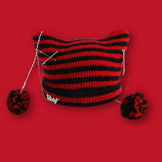 Ladies' Hat - Retro-style knitted hat - Crocheted girl's hat - Fox and cat ear design - Matches retro-style V1188-MS101-01087-1