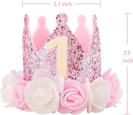 Birthday Hat - Perfect for a girl's first birthday - Rose Gold Party Crown - 3-inch Floral Princess Pink V1188-MS101-01089-1