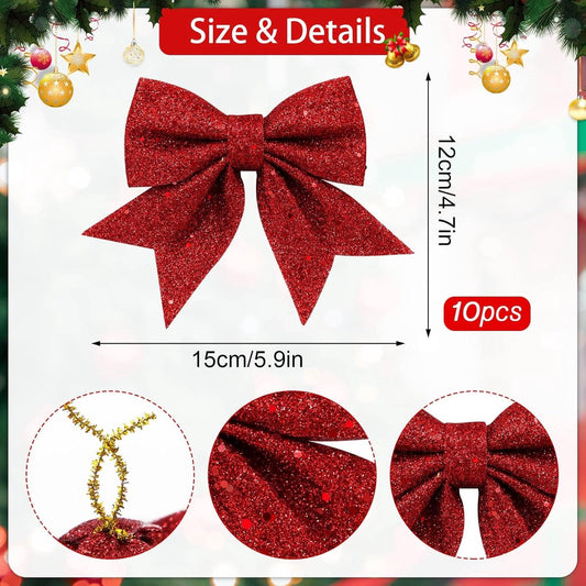 10 Pieces Red Christmas Bows - 12 x 15 cm - Glitter - Christmas Decoration Bows - Christmas Ornaments - V1188-MS101-01107-1