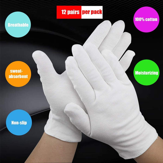 Cotton gloves - 12 Pairs - white - soft hand cotton - Used For Cosmetics, Jewelry Coin Inspection, Inspection V1188-MS101-01685-1