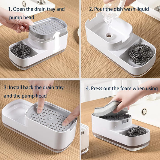 Soap Pump - 2 In 1 - Sponge Holder - Soap Dispenser - Drying Rack - Includes Sponge - ABS - Countertop - V1188-MS101-01814-1