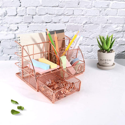 Pen Tray - 5 Compartments and Drawer - Desk Organizer - Rose Gold - Pen Holder - Desk Organizer - Durable - V1188-MS101-02046-1