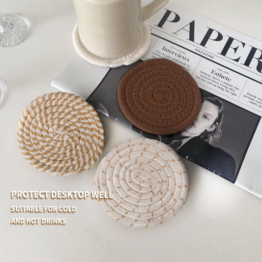 Set of 8 Round Coasters with Stand - Coaster Set - Thermal Insulation - Non-Slip Braided Cotton Coasters for V1188-MS101-02241-1