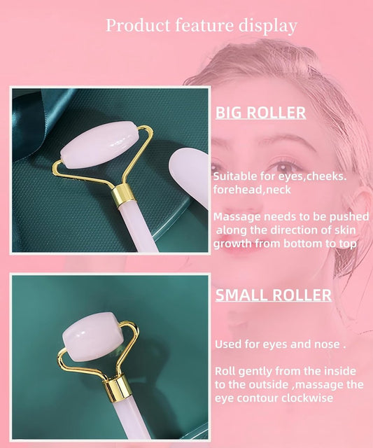 Rose Quartz Jade Roller & Gua Sha Stone - Facial Roller & Gua Sha Set - Natural Jade Roller - Facial Roller - V1188-MS101-02537-1