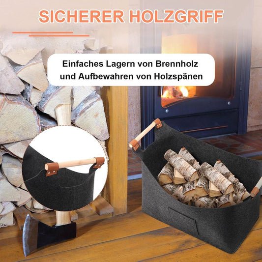 wood basket - firewood basket - storage basket - Foldable felt firewood basket with wooden handles - V1188-MS101-03010-1