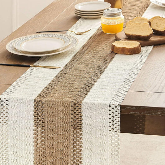 Table Runner - 30 x 183 cm - Bohemian Table Runner - Macrame Style Bicolor Stitching Table Runner - Small V1188-MS101-03133-1