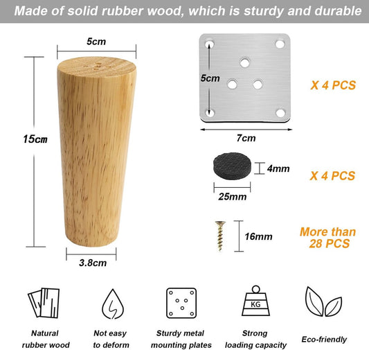 4 pieces - 15 cm - Furniture legs - Table legs - wooden furniture legs - solid tapered wooden table legs - V1188-MS101-03254-1