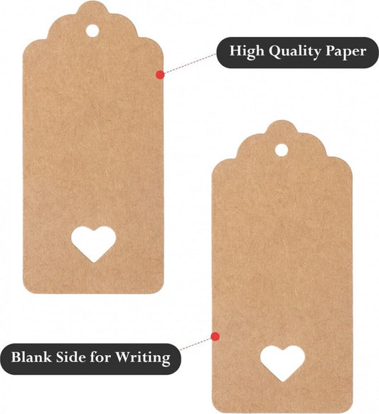 100x Kraft Cardboard Labels - With 100 Jute Rope - Gift Tags - 9.5 x 4.5 CM - Heart - Writable - Cardboard V1188-NK-BOL-220