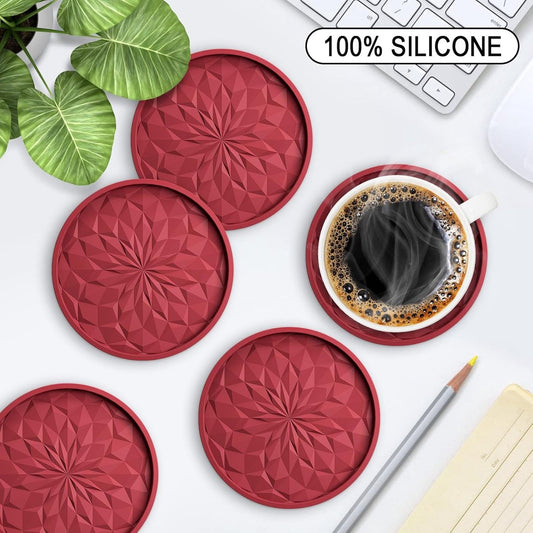Coasters with Holder - 6 pieces - Coasters for Glasses - Coasters - Silicone - Non-slip - Red - Round - V1188-NK-BOL-307