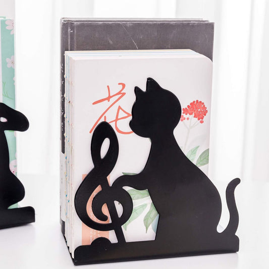 Metal Bookends - Set of 2 - Heavy Duty Black Metal Bookends - Cat Music Note - Non-Slip Durable Sturdy Book V1188-NK-BOL-439