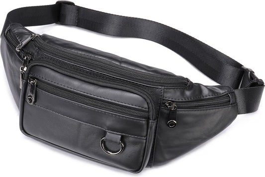 Belt bag - Phone bag - Crossbody - Pouch bag - Leather - Black - 19 x 11 x 3 cm - 6 compartments - Durable - V1188-NK-BOL-463