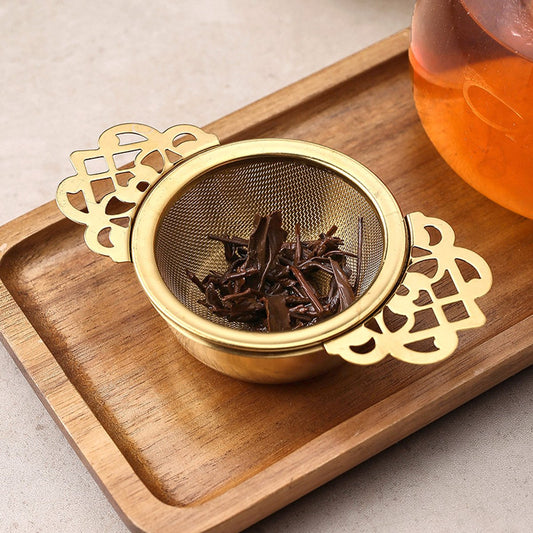 2 pieces - Tea strainer - Tea strainer - With handle and drip plate - gold - Tea filter for loose tea - Tea V1188-NK-BOL-609
