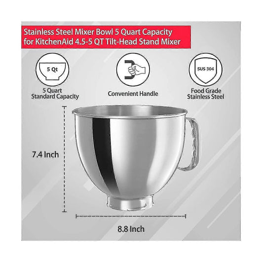 304 Stainless Steel Bowl Compatible with KitchenAid Classic and Artisan 4.5-5 QT Tilt-Head Mixers 5 Quart V1188-ONE60-30202-1