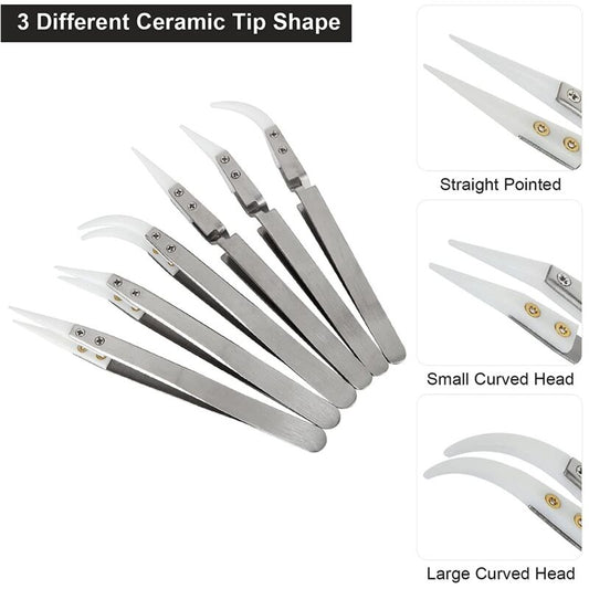 Precision Ceramic Inverted Soldering Tweezers 6pcs Non-conductive Antimagnetic with Pointed Curved Tips V1188-TAL-MN113-1734