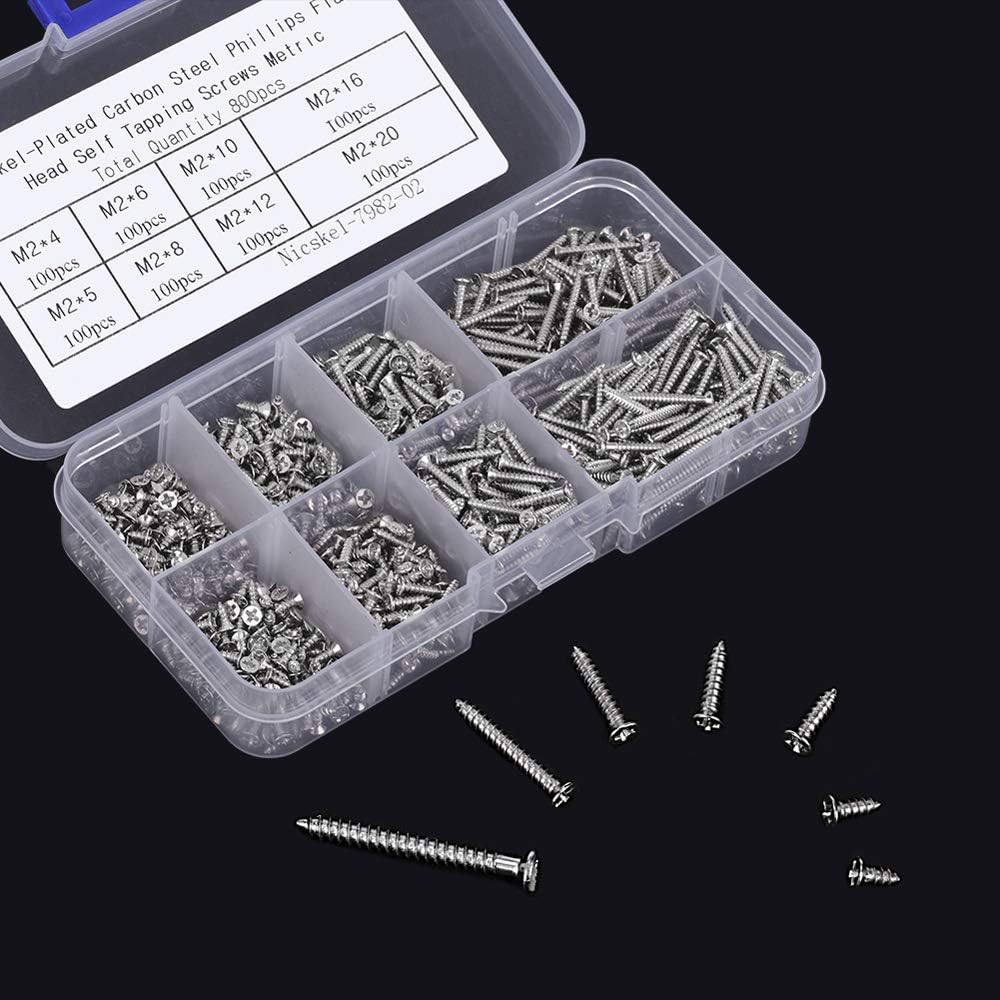 800pcs Small M2 Self Tapping Screws Assortment Box, Countersunk Phillips Flat Head Wood Screws (M2-4mm 5mm V1188-TRY101-02031-1