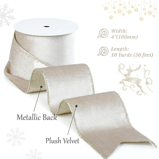 Champagne Velvet Wired Ribbon with Glitter Back 4 Inch Ivory and Gold Christmas Wired Ribbon for Christmas V1188-WSZ-A-2344