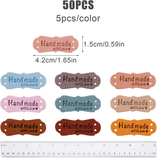 SAVITA 50 x Handmade Leather Labels with Microfibre Woven Leather Labels with Love Hearts for Crafts, V1188-WSZ-A-2826