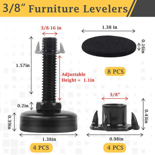 3/8" Thread Furniture Feet Levelers, Adjustable Furniture Feet Screw in with Threaded Inserts, Heavy Duty V1188-WTJ-FR-21056