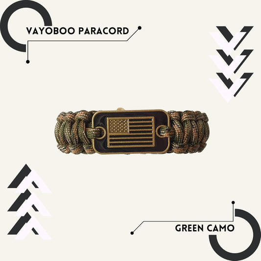 Paracord Bracelet - Tactical Survival Bracelet for Men with Bronze USA Flag - 3 Adjustable Sizes - Green V1188-WTJ-FR-21064
