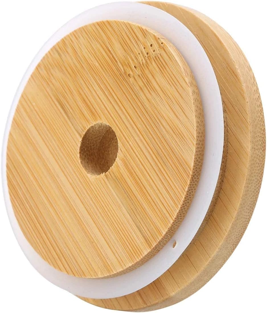 4 Pack 86mm Wide Mouth Bamboo Mason Jar Lids with Straw Hole Reusable Bamboo Caps Leak-Proof Glass Canning V1188-WTJ-FR-21157