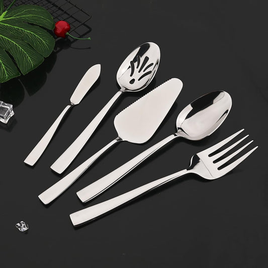 5-Piece Glossy Handle Silverware Hostess Set Stainless Steel Flatware Serving Set for Buffet Party Home V1188-WTJ-LZZ-01548