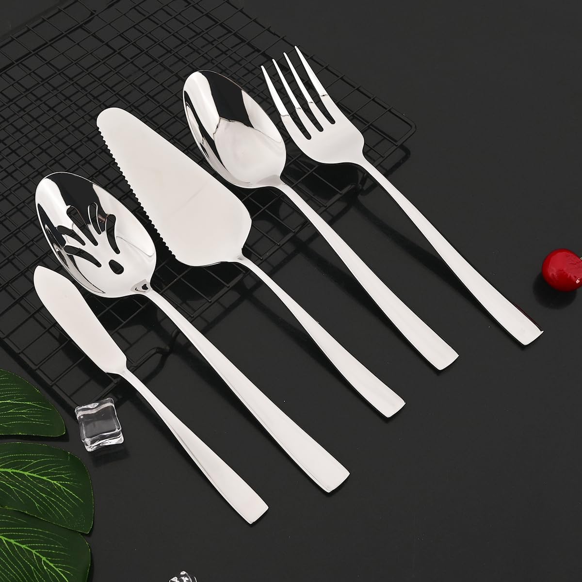 5-Piece Glossy Handle Silverware Hostess Set Stainless Steel Flatware Serving Set for Buffet Party Home V1188-WTJ-LZZ-01548