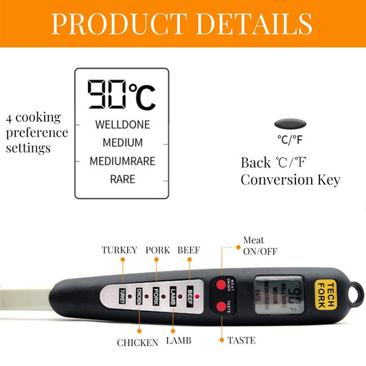 Digital Meat Thermometer Fork, Fast Read Grill Thermometer with LED Display and Stainless Steel Probes for V1188-WTJ-QDH-01573