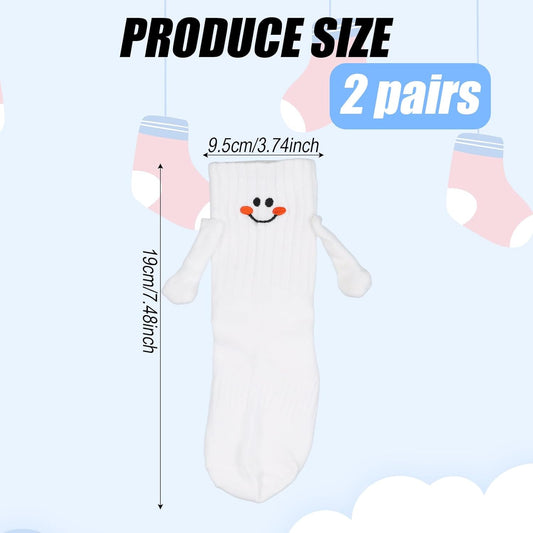 2 Pairs Hand Holding Socks for Kids, Funny Magnetic Mid-Tube Socks White Smile Face Matching Crazy Silly V1188-WTJ-SJH-1627