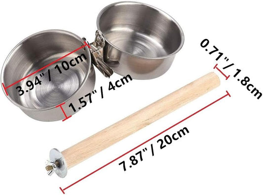 Bird Perch with Feeder CupsBowls Stainless Steel Odorless with Holder Hanger for Outside Durable Water Food V1188-WTJ-TLK-0182