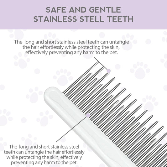 Detangling Pet Comb for Dog & Cat, Grooming Comb with Long & Short Stainless Steel Teeth, Safely Remove Knots V1188-WTJ-TLK-0230