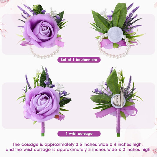 Purple Corsage and Boutonniere Set Handmade Artificial Flower Bride Wrist Corsage Bracelets Men Boutonniere V1188-WTJ-TLK-0524