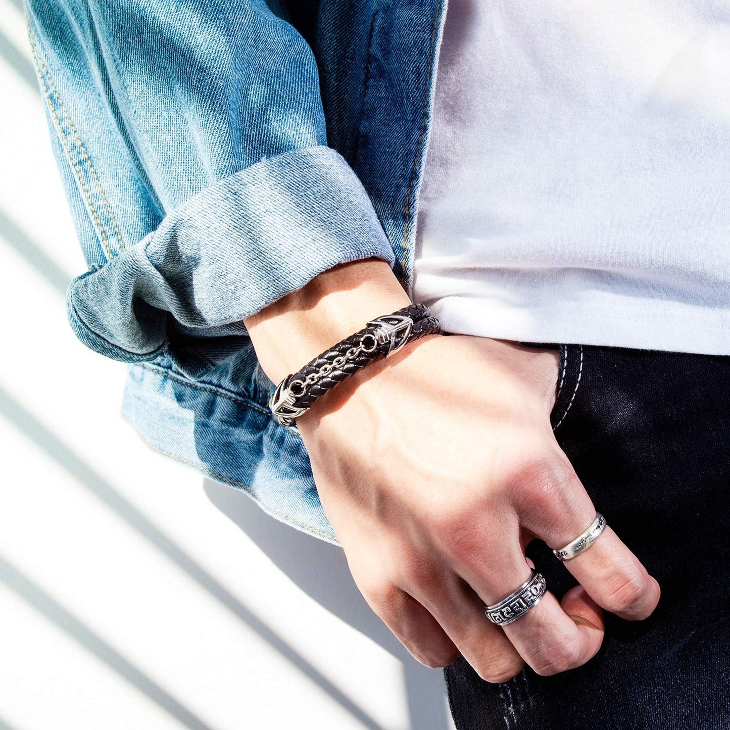 Mens Leather Bracelet with Stainless Steel Clasp Multi-Layer Braided Leather Mens Bracelet V1188-WTJ-TLK-2782