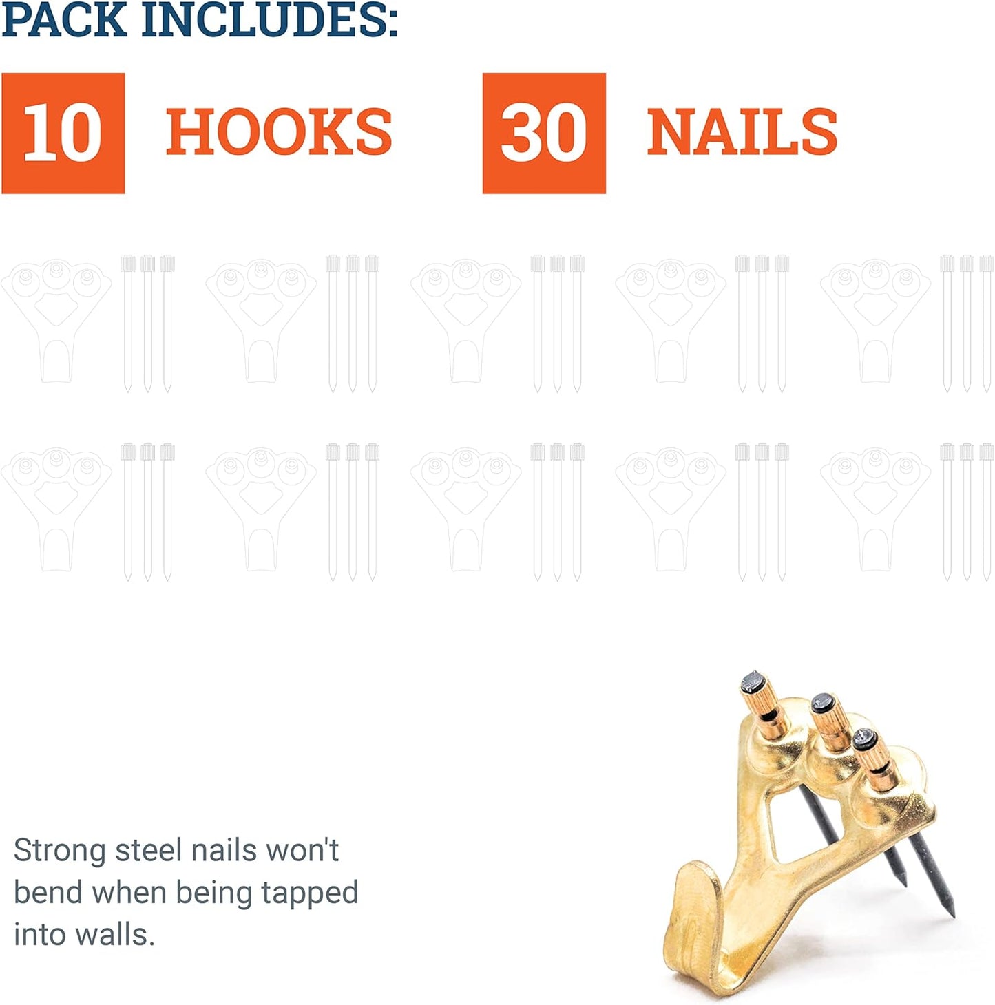 Heavy Duty Picture Hooks Hold 45 kg 10 Pack with Nails Compatible with Drywall for Mirrors V1188-YG-FU1112-00276