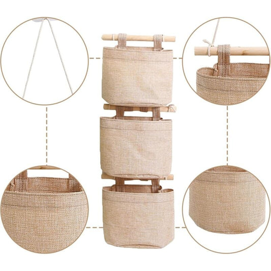 Hanging Storage Bag with Pockets 3 Layers Cotton Linen Canvas Hanging Storage Bag on Wall Door Organizer for V1188-YG516-05310-1
