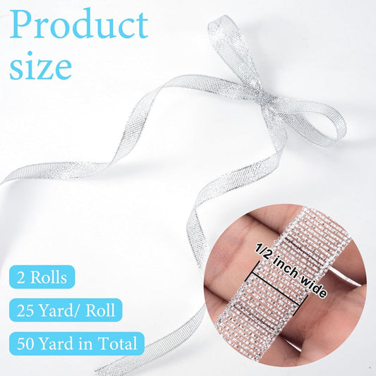 1/2in 50 Yard Silver Ribbon for Gift Wrapping, Glossy Sheer Satin Ribbon, Glitter Thin Fabric for Christmas V1188-YT-A-1205
