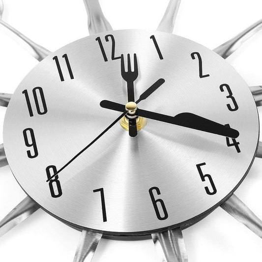 Metal Kitchen Cutlery Wall Clock 14 Inch with Fork Spoon 3D Non Ticking Quartz Watch Clock for Bedroom Home V1188-YT-A-2246