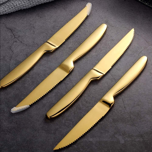 Stainless Steel Serrated Steak Knife Set of 6, BuyGo Gold Color Heavy Duty Dinner Table Knives for Cutting V1188-ZC-01-42