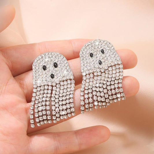 Ghost Earrings For Women, Silvery Dangling Tassel Earring With Cubic Zirconia Lovely Halloween Jewelry Gift V1188-ZC-DLL-258
