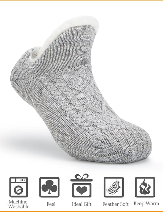 Women Knitted Slipper Socks Cozy Sherpa Fuzzy Non Slip Winter Indoor Double Layer Bedroom Grey Medium Wide V1188-ZC-DP-561