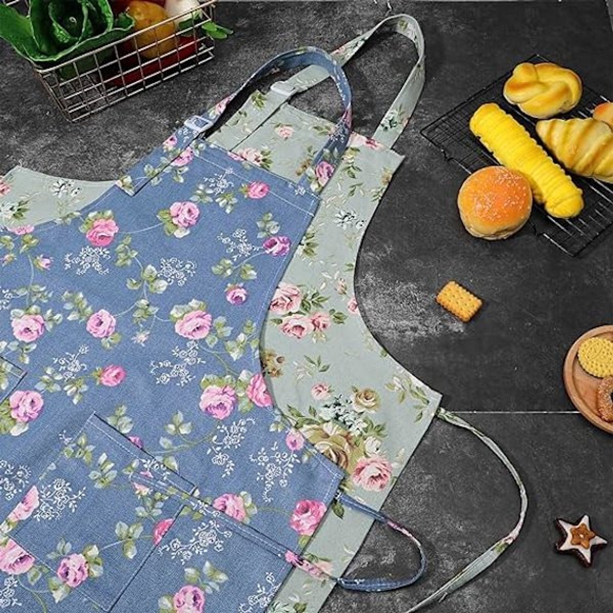 Aprons - Women's Kitchen - Adjustable Floral Apron with Large Pockets - for Cooking, Baking, Gardening - V1188-ZXY-10082