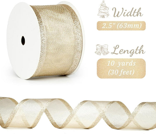 Champagne Christmas Ribbon - 2.5" Champagne Gold Metallic Ribbon with Glitter Stripes - Christmas Tree V1188-ZXY-10086