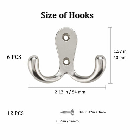 Double Hook - Chrome Double Coated Hook - Clothes - Bathrobe - Towel - Bathroom Bedroom Door Wall 6 Pieces V1188-ZXY-10247