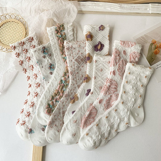 8 pairs of socks - retro women's socks - versatile mid-calf - 3D relief art fresh - women's stockings V1188-ZXY-10252