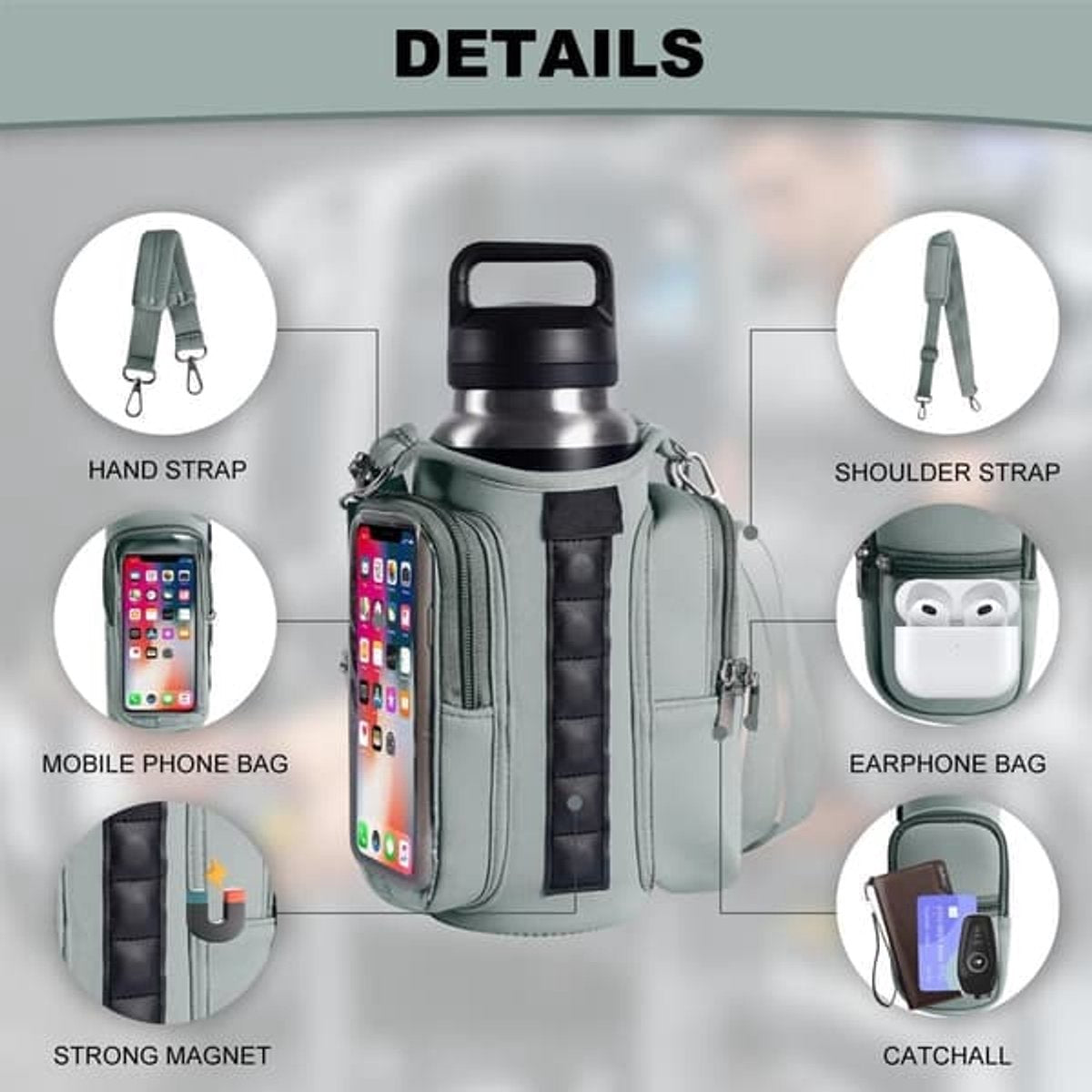 Magnetic Sports Bag with Adjustable Shoulder Strap - Includes Water Bottle Holder and Pocket - for Sports, V1188-ZXY-10264