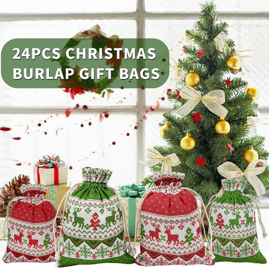Christmas linen gift bags - 24 pieces - 10x14cm - Christmas decoration for indoors - Reusable - Christmas V1188-ZXY-10339