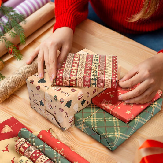 Gift Wrapping Paper - 6 sheets of kraft paper 70x50 cm - Complete set (straw, double-sided tape, stickers) - V1188-ZXY-10803