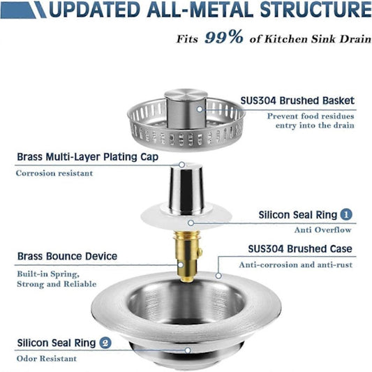 Sink Drain Strainer - 3-in-1 - Stainless Steel - Collapsible Sink Stopper - Strainer - Silver V1188-ZXY-10911