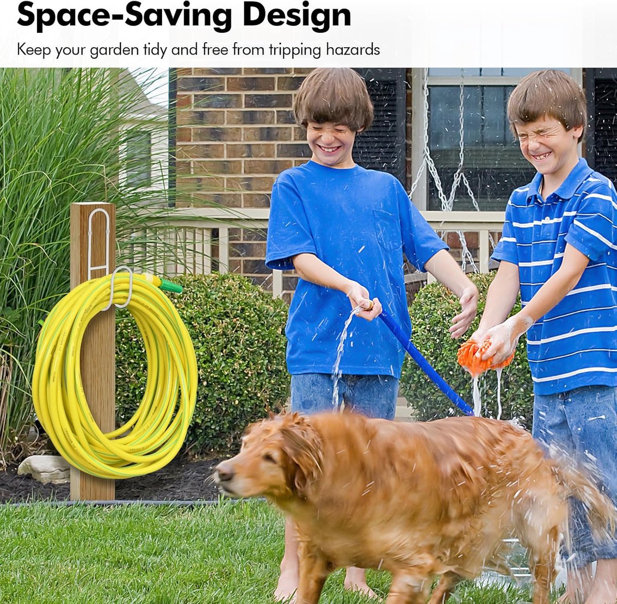 Garden Hose Hanging System - Wall Mount for Neat Storage - Stainless Steel Frame - White V1188-ZXY-11239